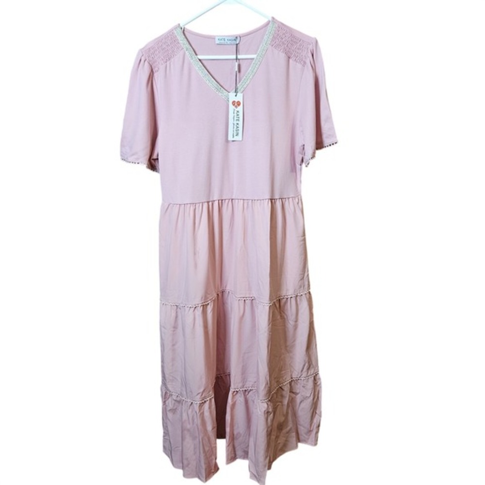 Kate Kasin Womens Pink Tiered Midi Dress V-Neck‎ Metallic Trim Smocked XL New